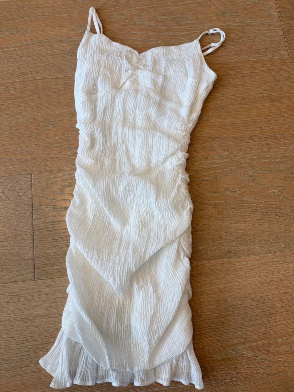 Katie J NYC White Textured Ruffle Spaghetti Strap Dress